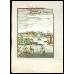 Small copperplate engraving of Cartagena (Colombia) by A.M. Mallet (published 1719), hand colored.