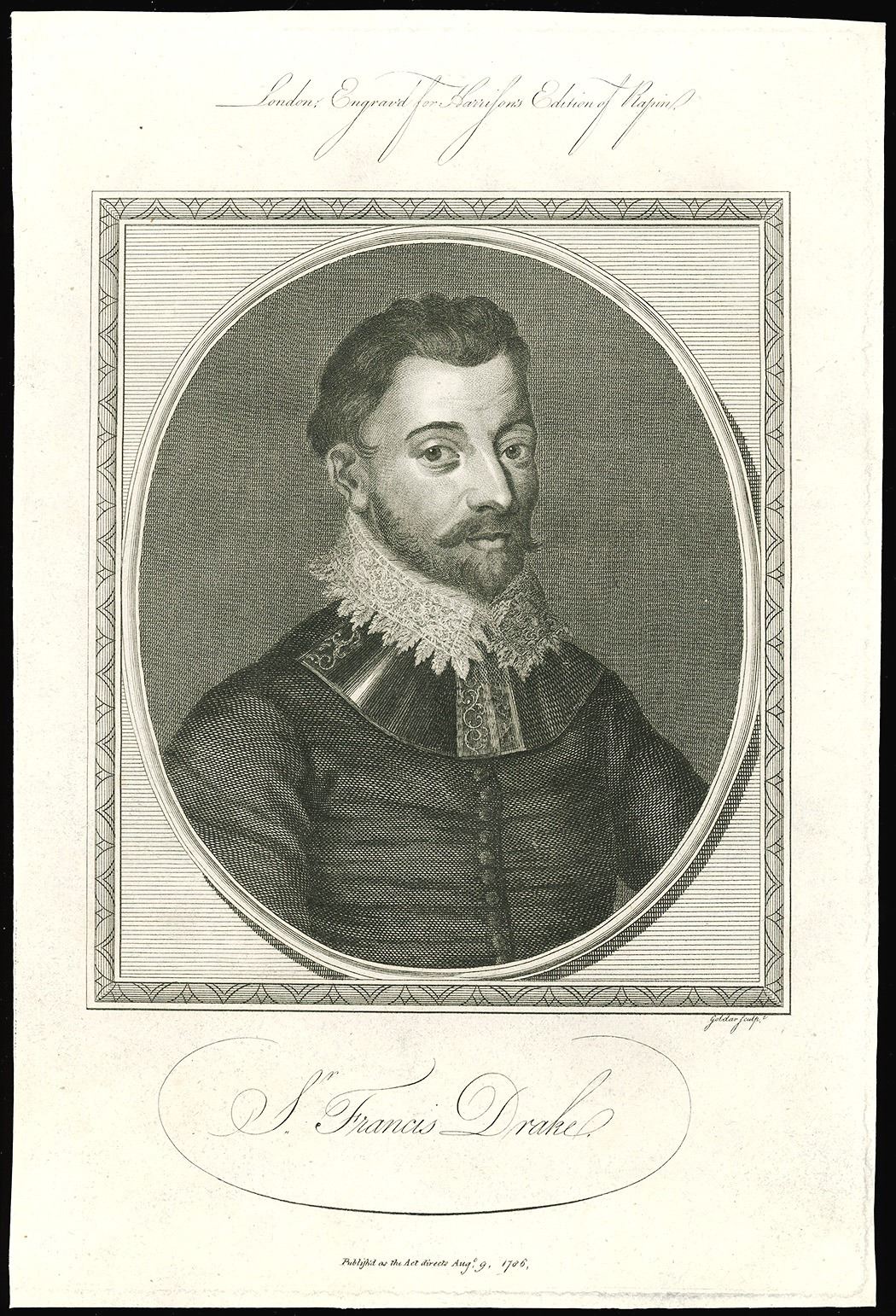 English intaglio engraving of Sir Francis Drake, dated August 9, 1786 ...