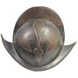 German morion helmet with embossed fleur-de-lis pattern, 1600s.
