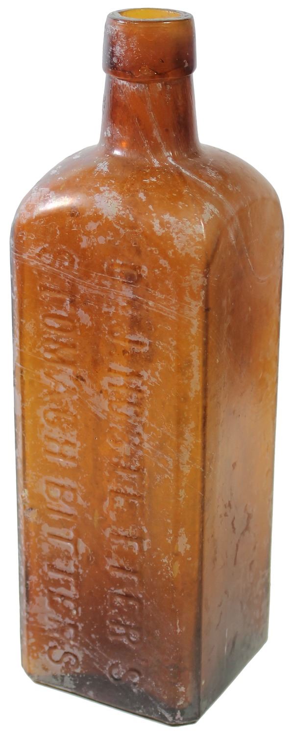 Amber glass bitters bottle, Hostetter's, 1800s.