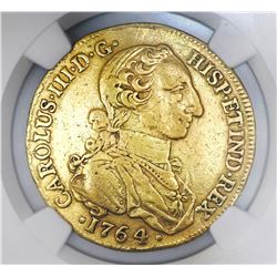 Bogota, Colombia, bust 8 escudos, 1764JV, NGC Genuine / clipped.