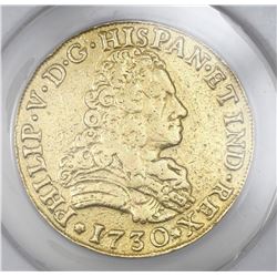 Seville, Spain, bust 8 escudos, Philip V, 1730 (no assayer), ANACS VF 30 details / mounts removed / 