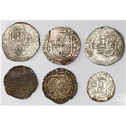 Lot of six Mexico City, Mexico, cob 2R (three), 1R (two) and 1/2R (one), Philip II, assayers O and F