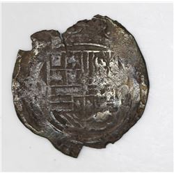 Mexico City, Mexico, cob 1 real, Philip II, assayer O to left, mintmark oM to right.