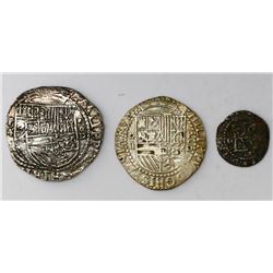 Lot of three Lima, Peru, cobs of Philip II, assayer Diego de la Torre (one 4R, one 2R and one 1/2R).