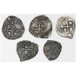 Lot of five Potosi, Bolivia, cob 1R, 1652 Transitionals, various McLean Types.