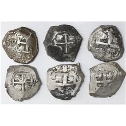 Lot of six Potosi, Bolivia, cob 8 reales: 1739M, 1742P, 1758q, 1760V-Y, 1766V-Y and 1771V-Y.
