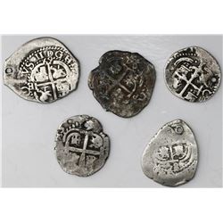 Lot of five Potosi, Bolivia, cob 1R, Philip IV through Philip V: 1658E, 1669E, 1679C, 1684VR and 172
