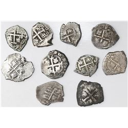 Lot of ten Potosi, Bolivia, cob 1R, Philip IV through Ferdinand VI: 1659E, 1678E, 1681V, 1689VR, 170