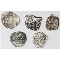 Lot of five Potosi, Bolivia, cob 1/2R of Charles II through Charles III: 1675, 1723, 1738, 1740 and