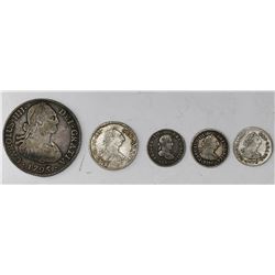 Lot of five Potosi, Bolivia, bust minors: 4R, 1795PR; 1R, 1777PR; 1/2R, 1776JR, 1788PR, 1821PJ.