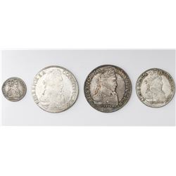 Lot of four Potosi, Bolivia, silver coins: 8 soles, 1833LM and 1836LM; 4 soles, 1830JL; 1 sol, 1828J