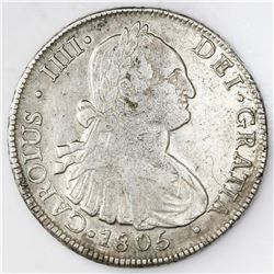 Santiago, Chile, bust 8 reales, Charles IV, 1805FJ.