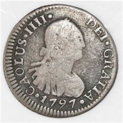 Santiago, Chile, 1/2 real, Charles IV, 1797DA, CAOLUS error, rare.