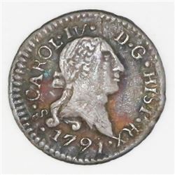 Santiago, Chile, 1/4 real, 1791/0, Charles IV transitional (bust of Charles III, ordinal IV), NGC VF