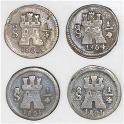 Lot of four Santiago, Chile, 1/4R: 1801 (two), 1802, and 1804.