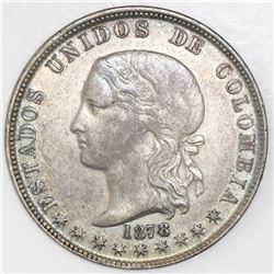 Medellin, Colombia, 5 decimos, 1878/4, large 8, NGC AU 50, finest known in NGC census.