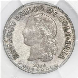 Medellin, Colombia, 10 centavos, 1885, fineness 0.500/0.835, PCGS AU53, finest and only example in P