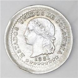 Bogota, Colombia, 5 centavos, 1881, NGC AU 58, finest and only known example in NGC census.