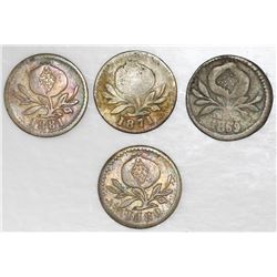 Lot of four Colombia coins: Popayan, 1869, 1/4 decimo; Bogota, 1871, 1/4 decimo; Bogota, 1880, 2-1/2