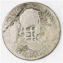 Cuba, 2 reales, lattice countermark (1841) on a Seville, Spain, bust 2 reales, Ferdinand VII, 1825JB