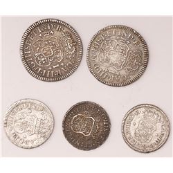 Lot of five Mexico City, Mexico, pillar reals: 1R 1768M, 1R 1769M, 1/2R 1735MF, 1/2R 1760M, and 1/2R