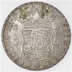Lima, Peru, pillar 8 reales, Charles III, 1765JM, dot over both mintmarks.