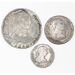 Lot of three Lima, Peru, reales of Ferdinand VII ("imaginary bust"), 1810JP: 2R, 1R, and 1/2R.