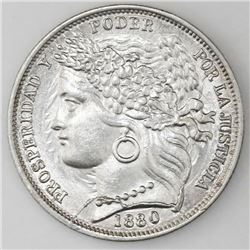 Lima, Peru, 1 peseta, 1880BF, B with dot below wreath.