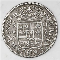 Seville, Spain, milled 2 reales "pistareen," Ferdinand VI, 1758JV.