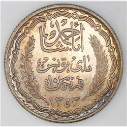Tunisia (struck at the Paris mint), 10 francs, AH1353 (1934), Ahmad Pasha Bey, NGC UNC details / cle