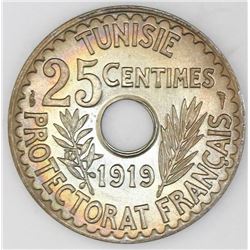 Tunisia, nickel-bronze 25 centimes, AH1337 / 1919, Muhammad V al-Nasir Bey, NGC MS 67, finest and on