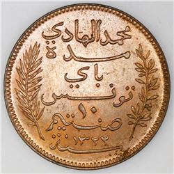 Tunisia (struck at the Paris mint), bronze 10 centimes, AH1322 / 1904-A, Muhammad al-Hadi Bey, NGC M