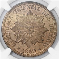 Uruguay (struck at the Heaton mint, Birmingham, England), copper 4 centesimos, 1869-H, NGC MS 63 RB.