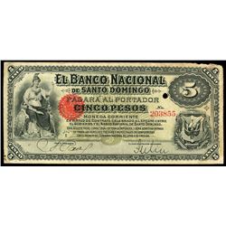 Santo Domingo, Dominican Republic, Banco Nacional, 5 pesos, no date (1889), series E, serial 203855.