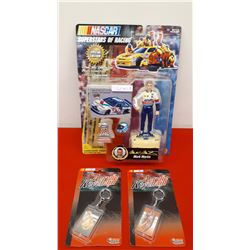 NASCAR SUPERSTARS OF RACING MARK MARTIN IN BOX FIGURE & 2 ACRYLIC NASCAR KEYCHAINS