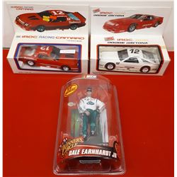 2 IROC RACE CARS IN BOX & WINNER'S CIRCLE DALE EARNHARDT JR. FIGURE IN BOX