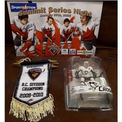 SIGNED 2007 SUMMIT SERIES NIGHT PRINT, 3 BC DIVISION CHAMPIONS 2009-10 MINI BANNERS, & SIDNEY CROSBY
