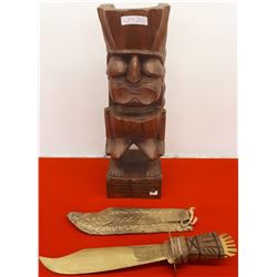 WOOD TIKI TOTEM & BRASS KNIFE W/SHEATH