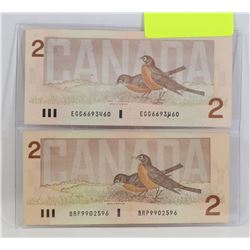 LOT OF 2 CANADIAN 1986  $2 BILLS