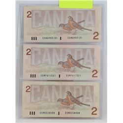 LOT OF 3 CANADIAN 1986  $2 BILLS.