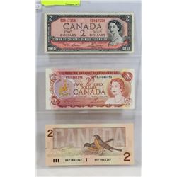 LOT OF 3 CANADA $2 BILLS, 1954, 1974, 1986