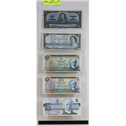 LOT OF 5 CANADIAN $5 DOLLAR BILLS,  1937, 1954,