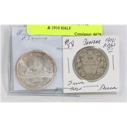 LOT OF 2 CANADA COINS, 1962 DOLLAR & 1910 HALF