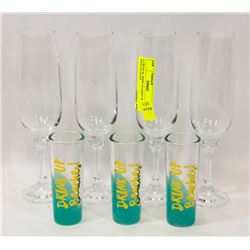 4 CRYSTAL WINE GLASSES WITH 3 SHOT GLASSES.