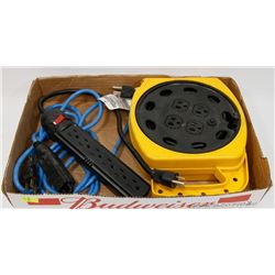 FLAT W/ MULTI PLUG REEL, EXTENSION CORD &POWER BAR
