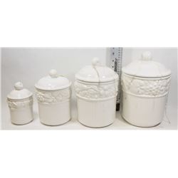 4 PIECE WHITE BELIZE CANISTER SET WITH BAKEWARE.