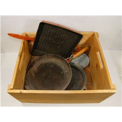 WOODEN CRATE CAST IRON PANS