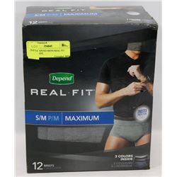 BOX OF DEPEND MENS REAL FIT SM/M BRIEFS.