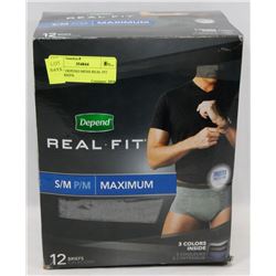 BOX OF DEPEND MENS REAL FIT SM/M BRIEFS.